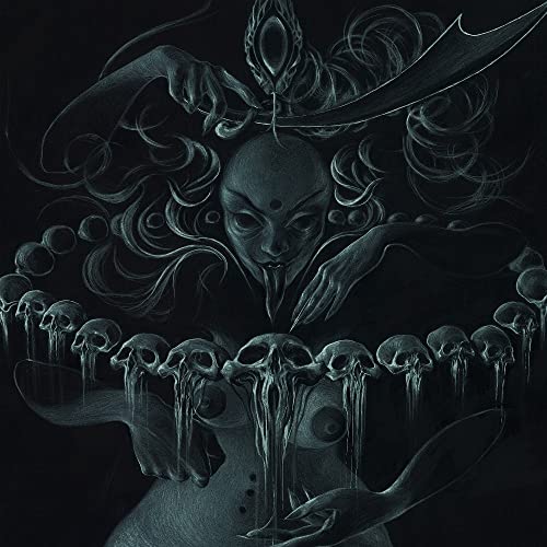 Dark, surreal illustration of a figure with skulls and flowing lines.