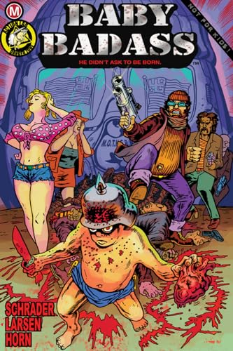 Comic book cover: a baby with a gun, surrounded by adults and blood.