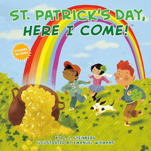 Children and a dog near a pot of gold under a rainbow.