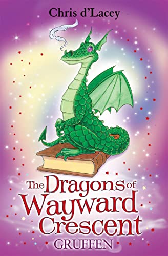 A green dragon sits on a book against a purple, starry background.