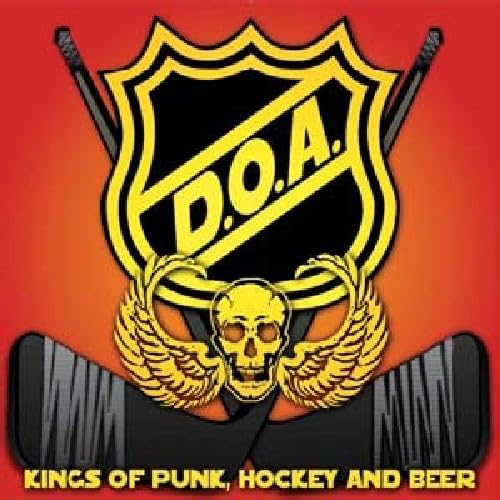 D.O.A. album cover featuring a skull, hockey sticks, and a shield.