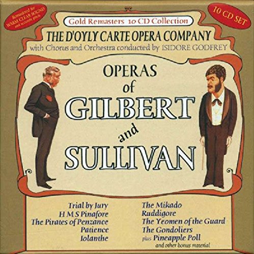 "CD cover featuring Gilbert and Sullivan with title and opera list on beige background."