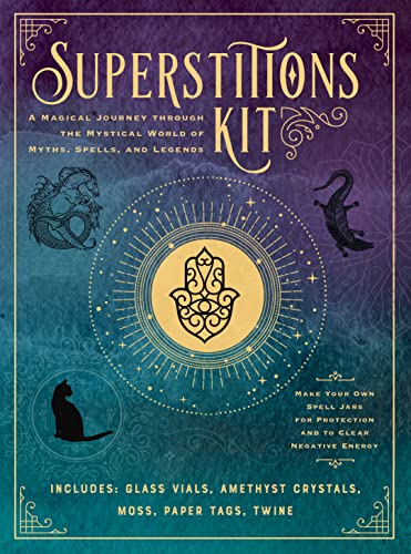 “Superstitions Kit” box with mystical symbols, a cat, and a dragon illustration.