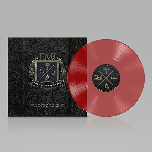 Red vinyl record and album cover with crest design.