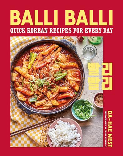 Cookbook cover with vibrant red text and a steaming pot of Korean tteokbokki.
