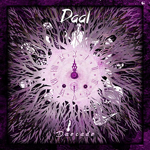 Purple album cover with a clock face surrounded by branching shapes and eyes.