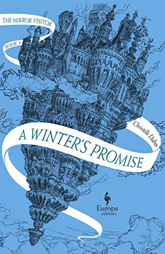 Book cover with a floating castle illustration on a blue background and white ribbons.