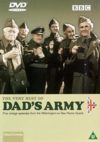 DVD cover featuring six men in military uniforms holding cups, with title "Dad's Army".
