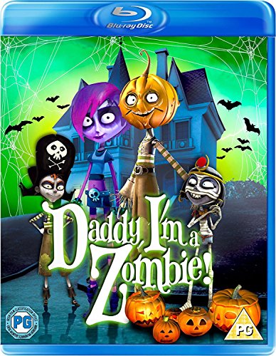 Animated characters and pumpkins stand before a spooky mansion on this Blu-ray cover.