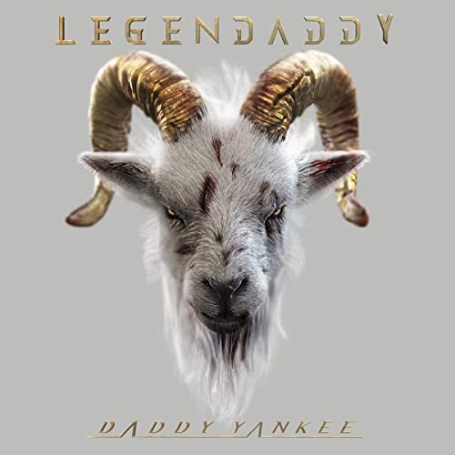 A white goat head with large curved horns centered against a light gray background.