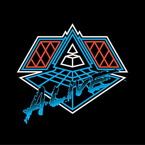 Geometric blue and red Daft Punk “Alive” logo on black background.