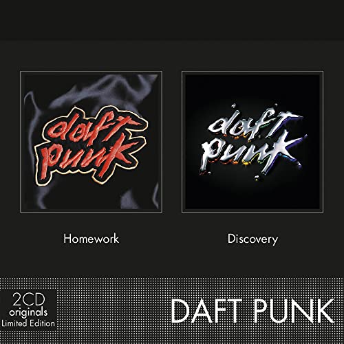Daft Punk “Homework” and “Discovery” 2CD set album covers with text.