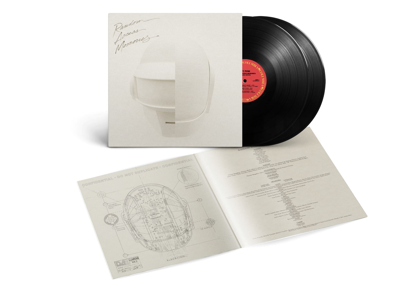 Daft Punk Random Access Memories vinyl record with sleeve, inner booklet, and technical diagrams.