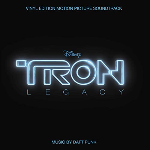 “TRON: Legacy” soundtrack album cover with glowing blue neon lettering.