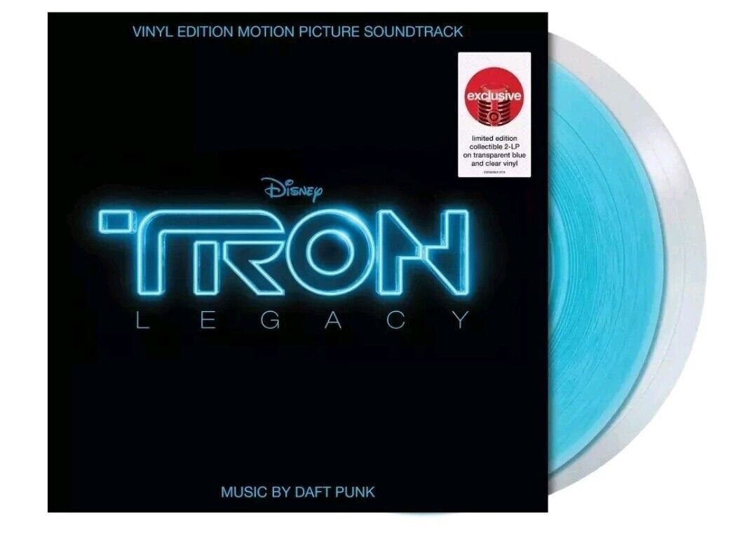 Black album cover with blue Tron Legacy logo and clear blue vinyl record visible.