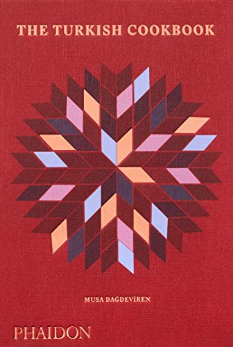 Red cookbook cover with a geometric star pattern and the title The Turkish Cookbook.