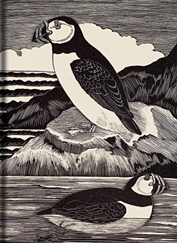 Black and white woodcut of a puffin perched on a rocky coastline.