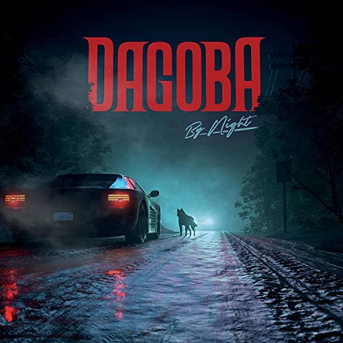 Dark road scene with car and wolf, foggy atmosphere, red title text on top.
