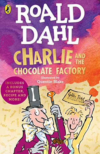 Book cover of "Charlie and the Chocolate Factory" featuring Willy Wonka.