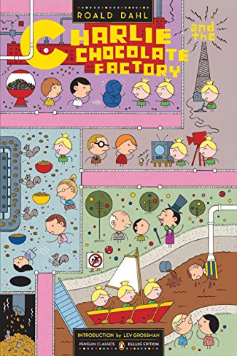 Cover of “Charlie and the Chocolate Factory” with whimsical illustrated factory scene.