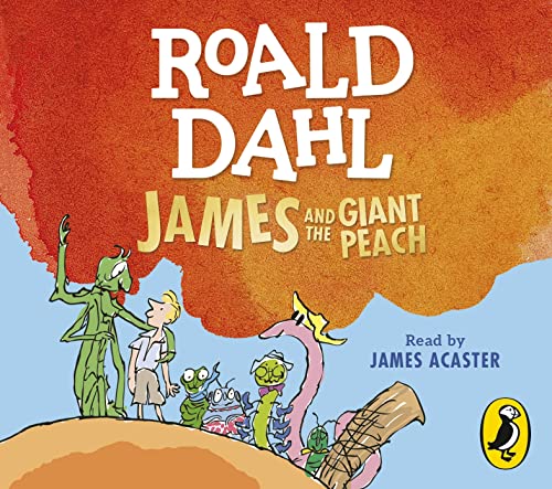 Book cover of "James and the Giant Peach" with characters and a peach.