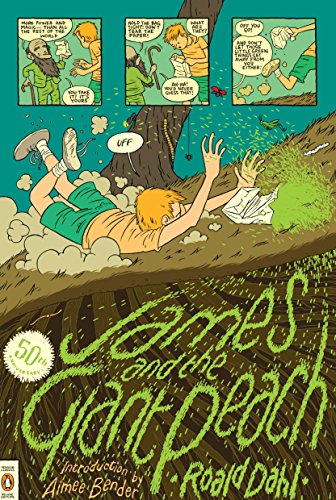Book cover: boy falling near a giant peach with comic panel illustrations.