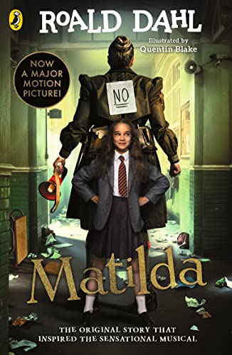 Book cover for "Matilda" featuring a girl and a large figure with "NO" on their back.