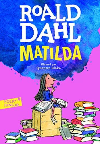 Book cover of “Matilda” in French, showing a girl reading atop books.