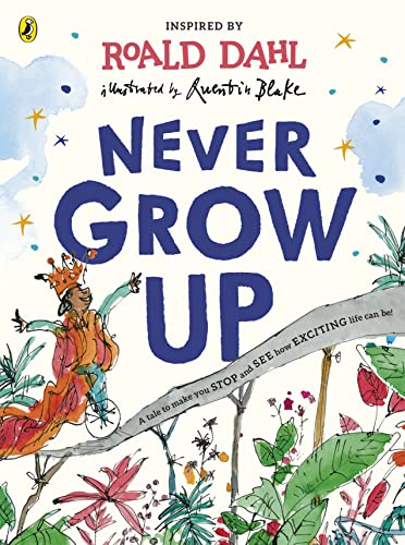 Book cover, "Never Grow Up," with illustrated boy on a unicycle.