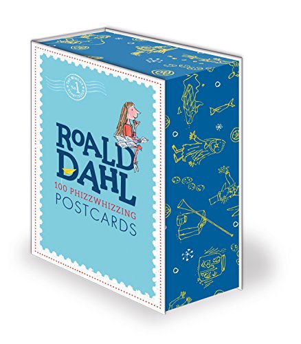 Box of Roald Dahl postcards, blue with illustrations and text on front and side.