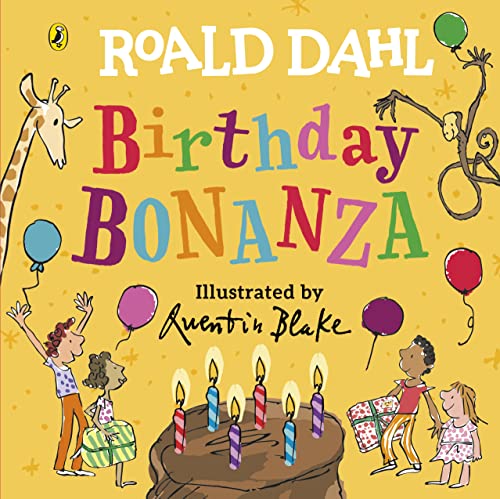Roald Dahl Birthday Bonanza" book cover with children, cake, and balloons.
