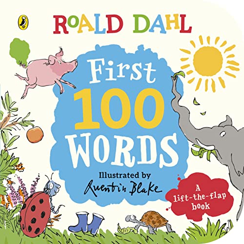 Roald Dahl First 100 Words" lift-the-flap book with illustrated animals.