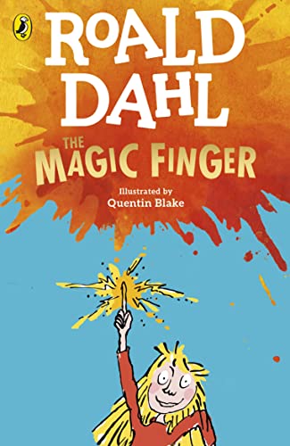 Book cover of "The Magic Finger" with a girl pointing upwards.