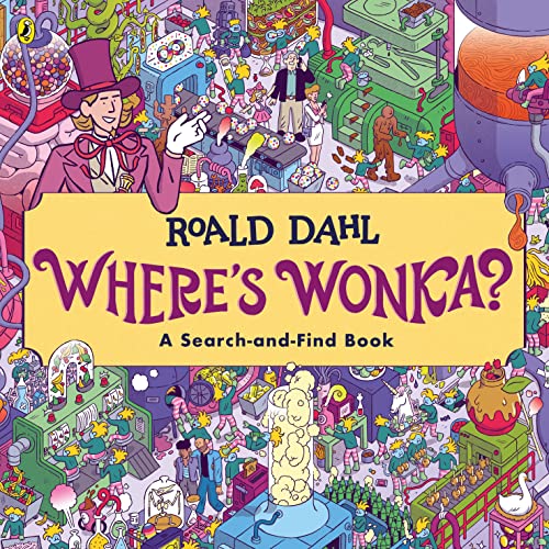 “Where’s Wonka?” book cover with detailed, colorful illustrations of a chocolate factory.