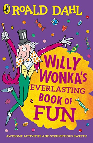 Willy Wonka illustration on a purple book cover with yellow text and scattered candies.