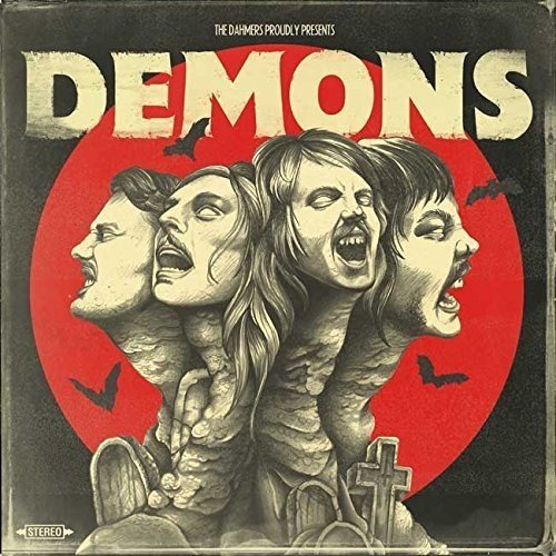 "Album cover with four screaming faces and bats, titled 'Demons' on a red circle."