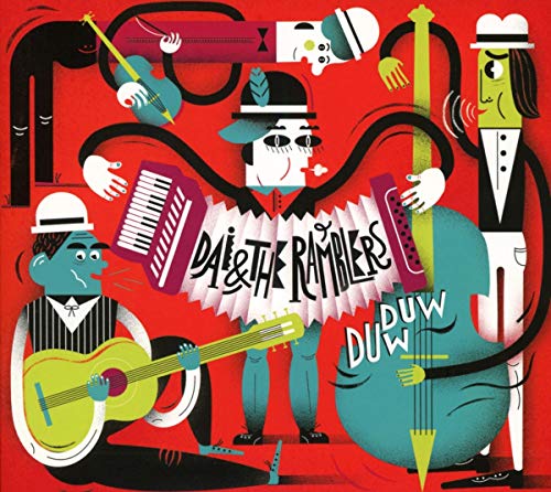 Stylized illustration of musicians with instruments, red background, album cover.