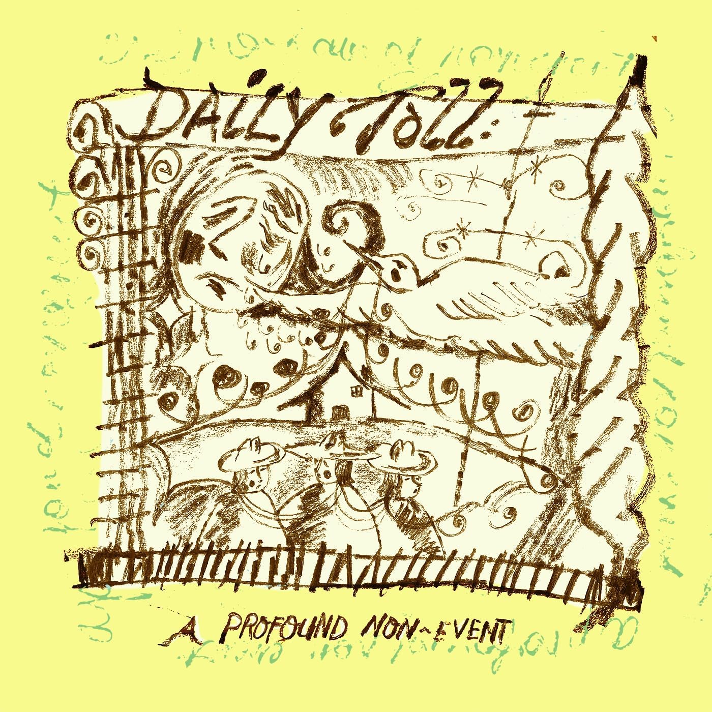 Hand-drawn CD cover with faces and abstract shapes in brown on yellow.