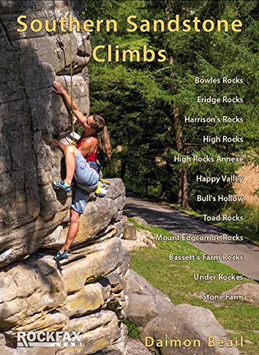 Book cover: rock climber on sandstone cliff, list of climbing areas.
