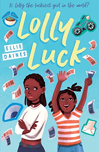 Book cover featuring two girls on a blue background surrounded by floating banknotes.