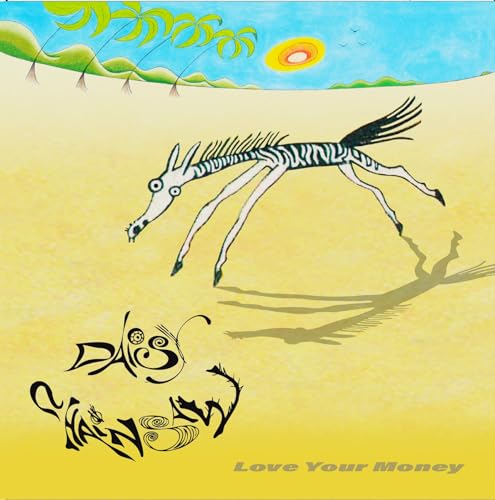 A stylized zebra-like creature runs across a sandy landscape under a bright sun.