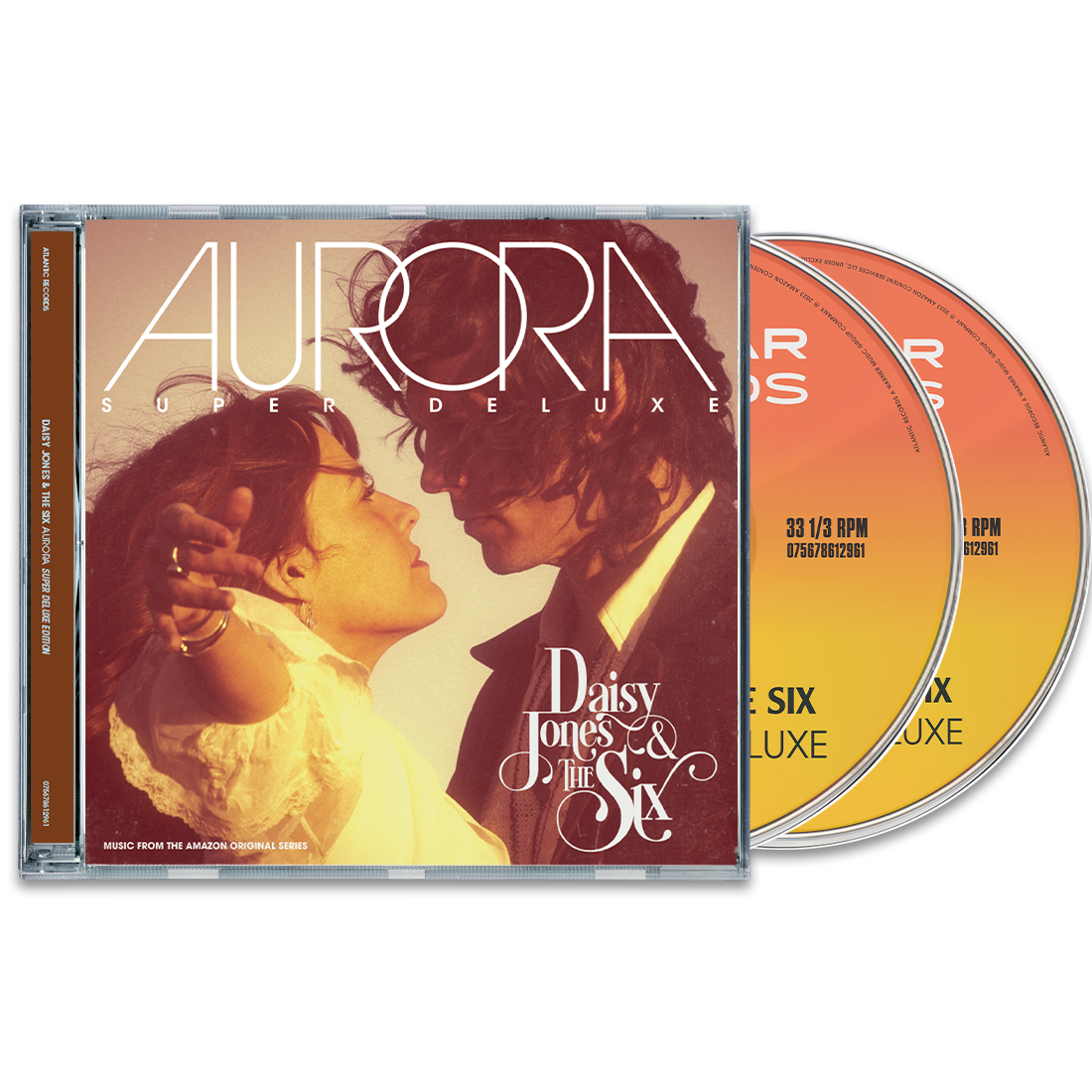“Daisy Jones & The Six - AURORA” CD with band photo and silver disc.