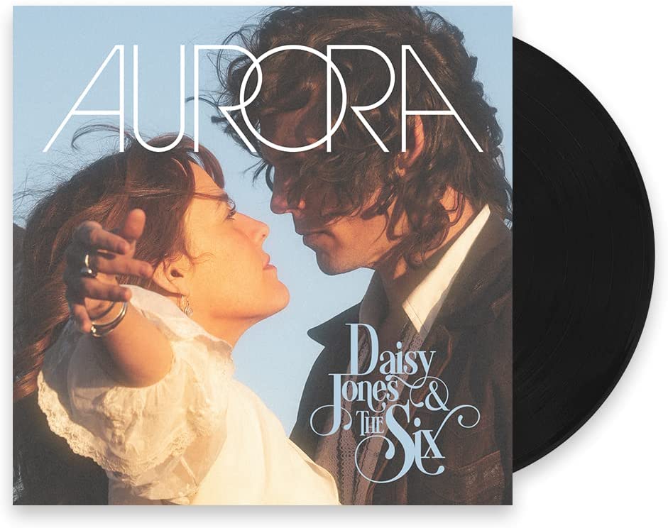 Vinyl record sleeve with "Daisy Jones & The Six" and "Aurora" text, featuring a man and woman.