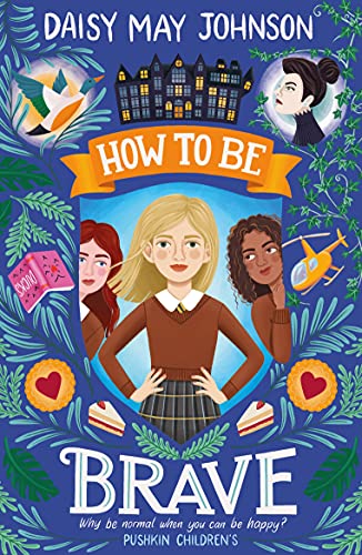 Book cover illustration featuring three girls, a school building, a duck, and a helicopter.
