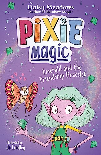 Book cover: pixie girl, butterfly, emerald, and colorful title text.