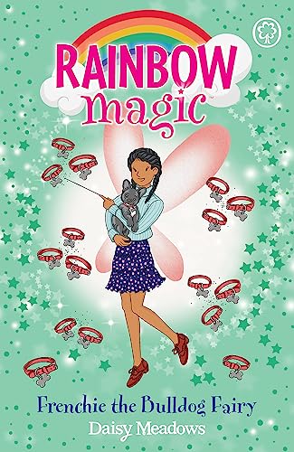 Book cover: girl with a bulldog, fairy wings, and colorful collars.
