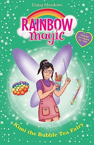 Book cover: fairy with bubble tea, rainbow, and colorful balloons.