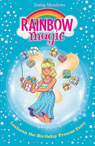 Book cover: fairy holding gifts, rainbow and sparkles background.
