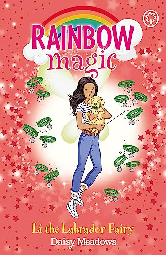 Book cover: girl holding a golden Labrador puppy, rainbow background.