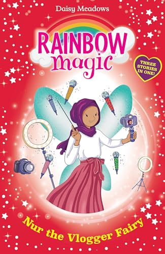 Book cover featuring a young fairy with vlogging equipment, rainbow background.